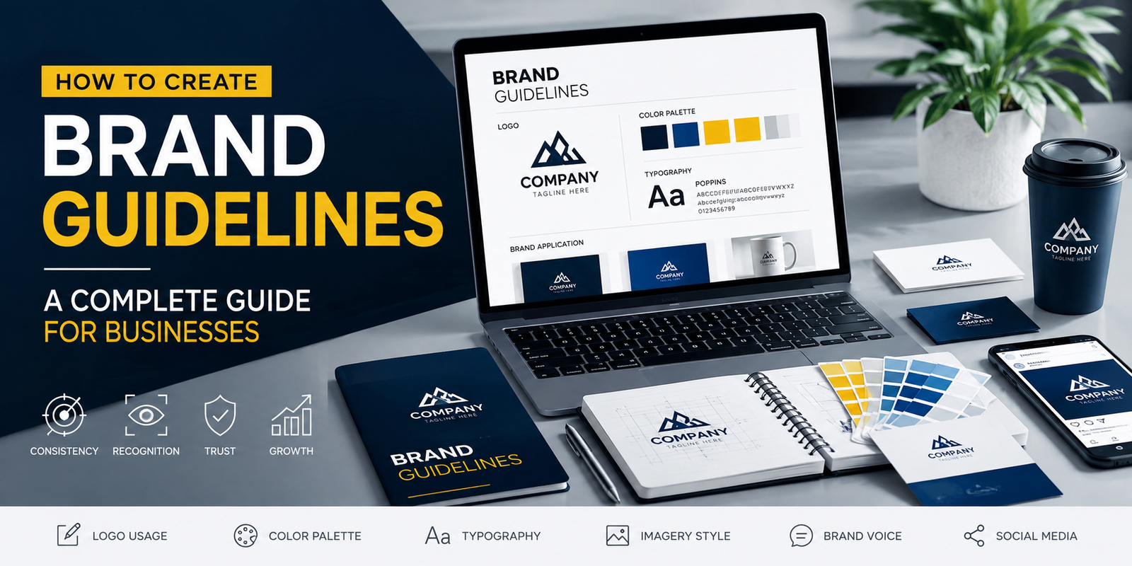 How to create brand guidelines with logo, colors, typography, brand voice and social media branding